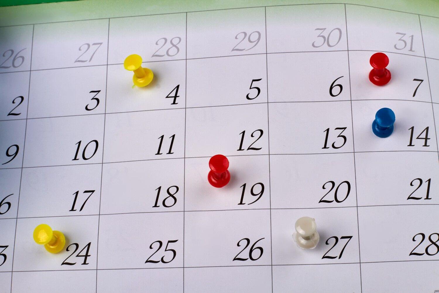 Many colorful push pins monthly paper calendar page