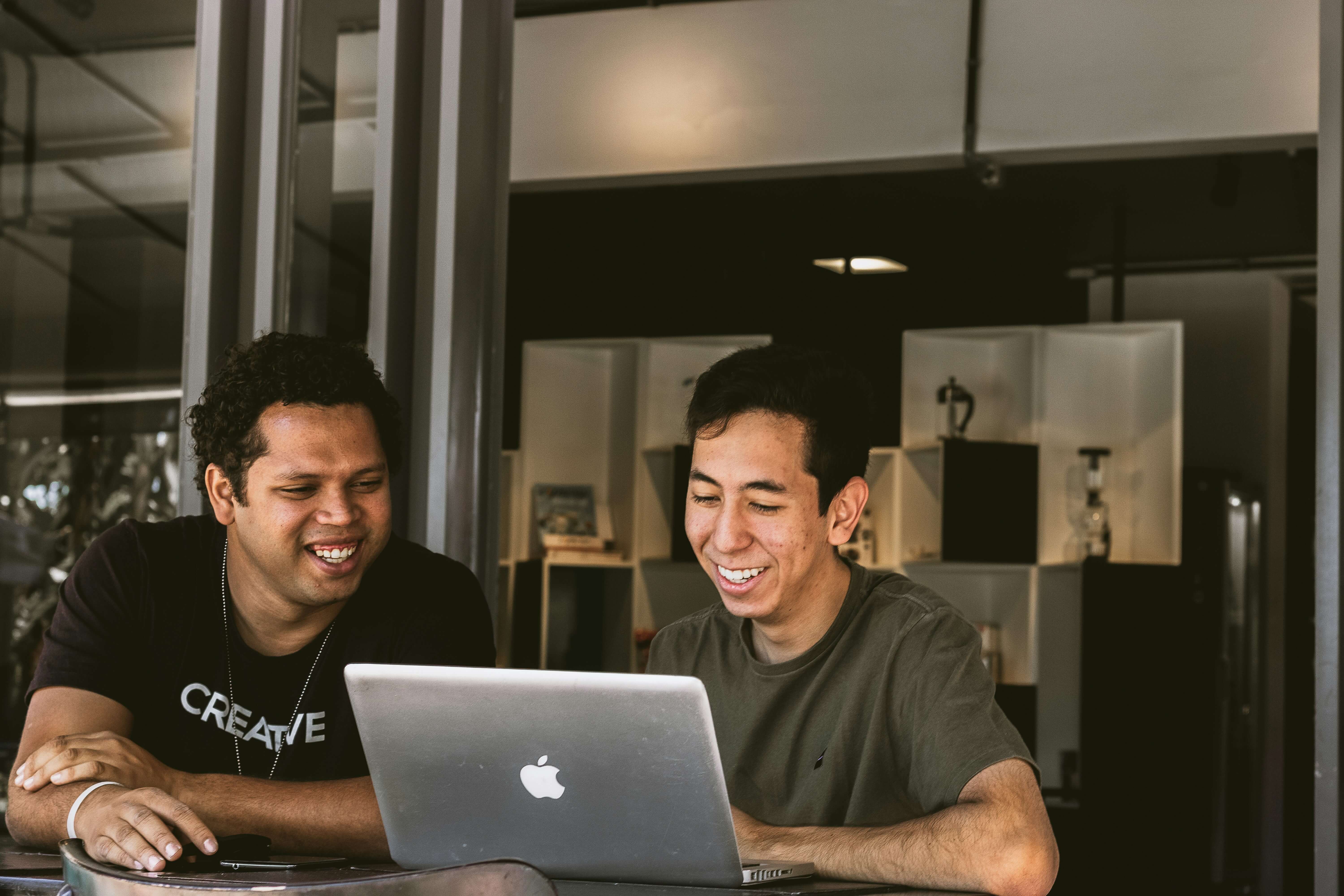 Two men looking laptop