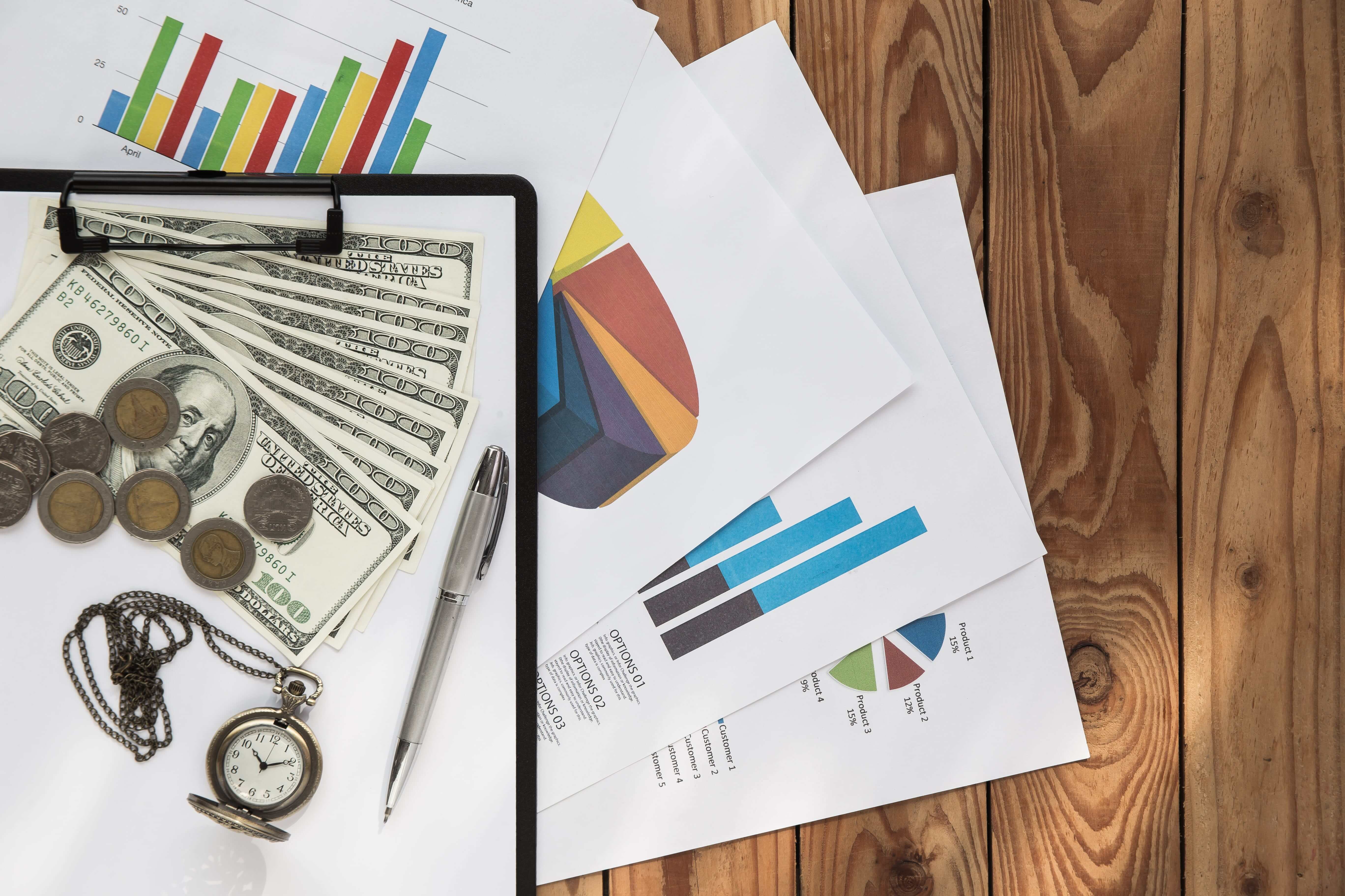 Flat lay business chart wood background