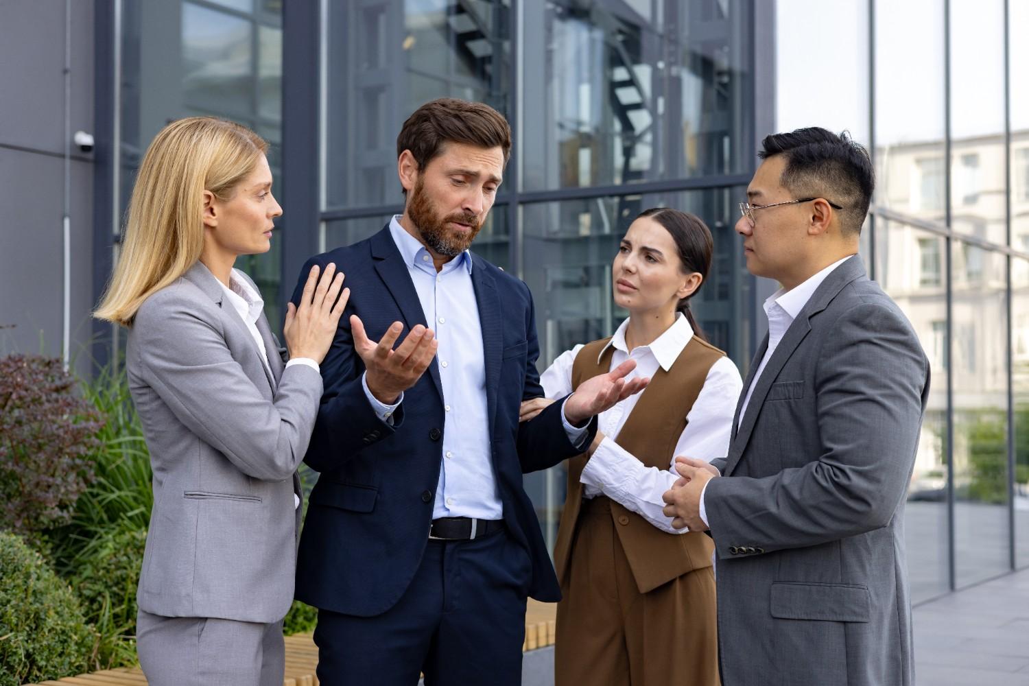 Supportive colleagues comforting upset manager