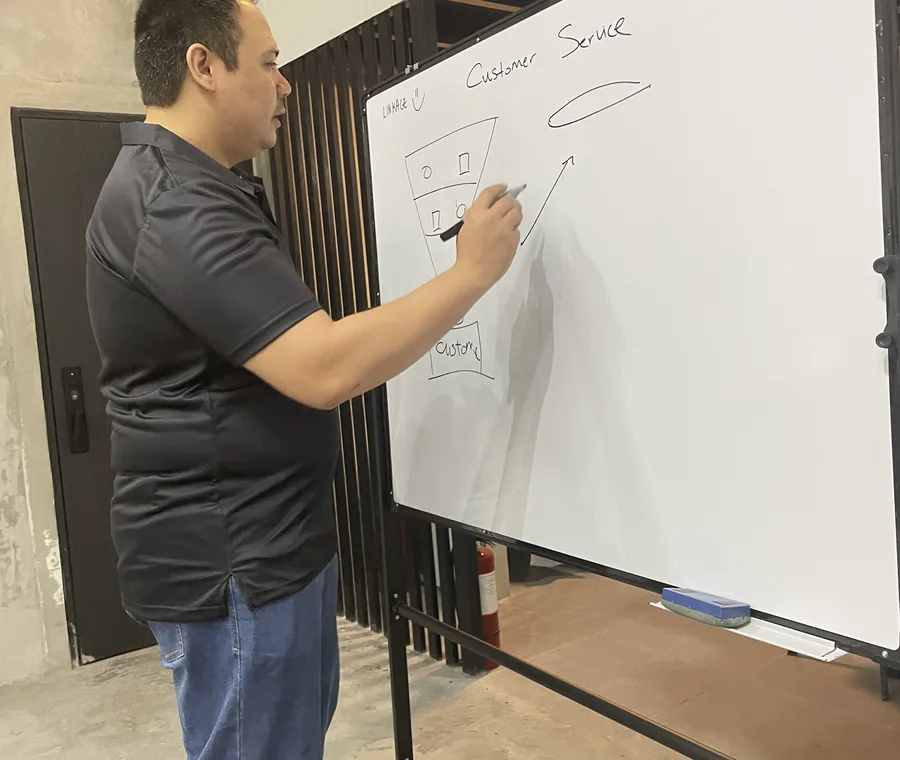 Murphy strategist mapping a paid ads funnel on the office whiteboard